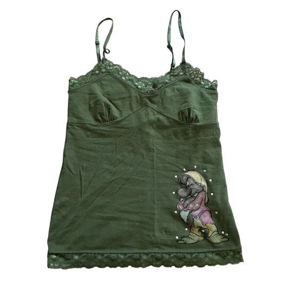 Disneyland Tank Top Olive Green Sleepy Rhinestone Lace Trim Cami - Picture 1 of 4